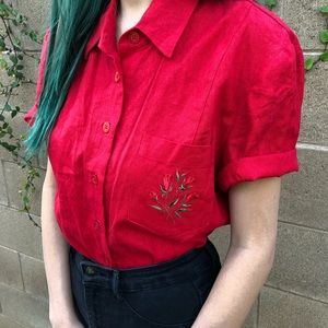 Vintage Embroidered Rose Red Button Up Top